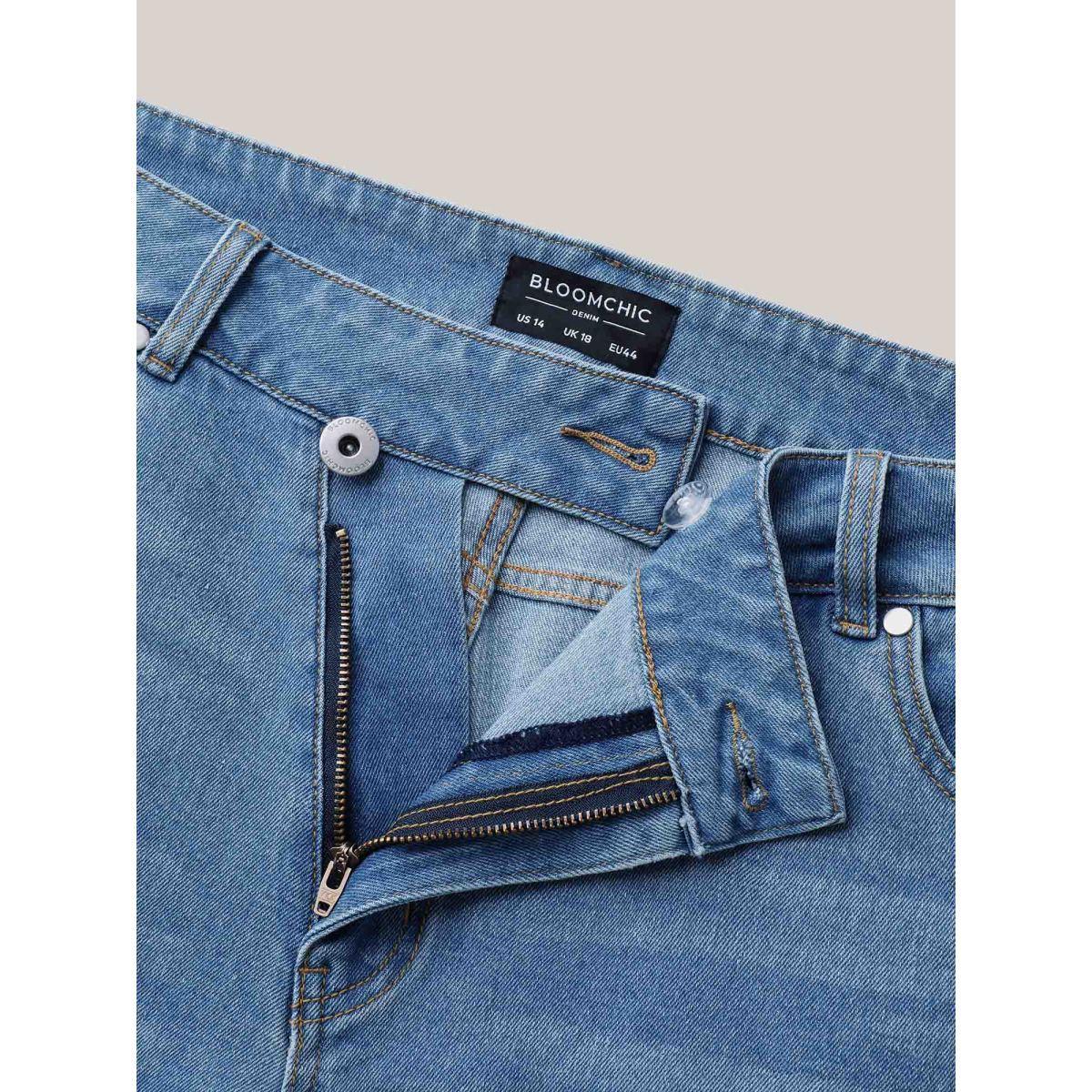 Plus Size Overlap Whiskered Wash Straight Denim Shorts Women Denimblue No stretch Everyday Slanted pocket Casual Denim Shorts BloomChic 20/2X Product Image