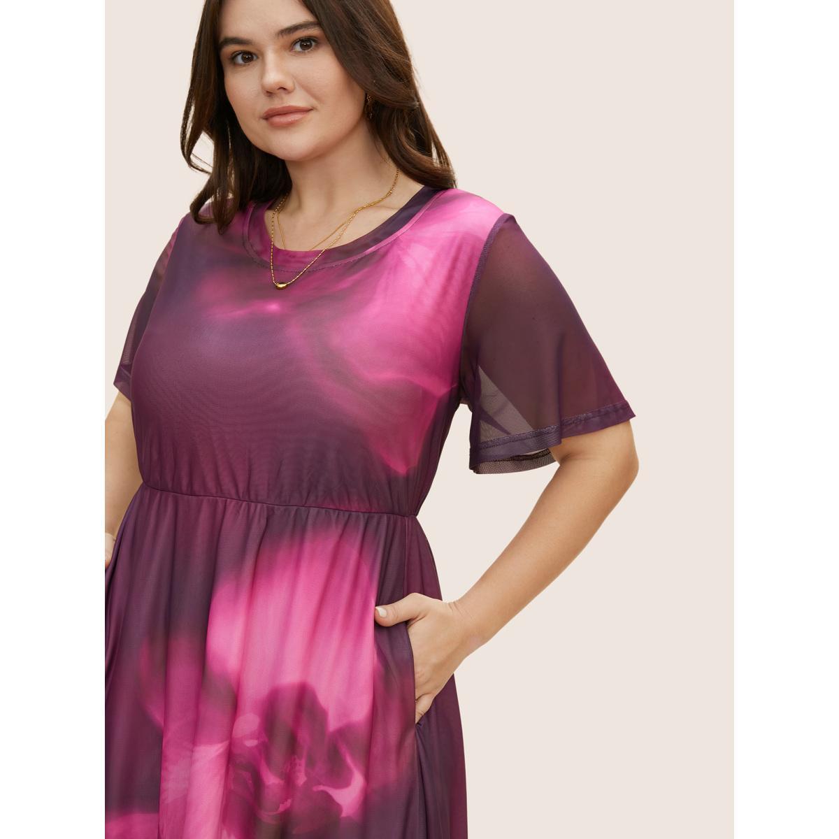 Plus Size Butterfly Orchid Mesh Ruffle Sleeve Midi Dress Mauve Women Elegant See through Round Neck Short sleeve Curvy BloomChic 14-16/1X Product Image