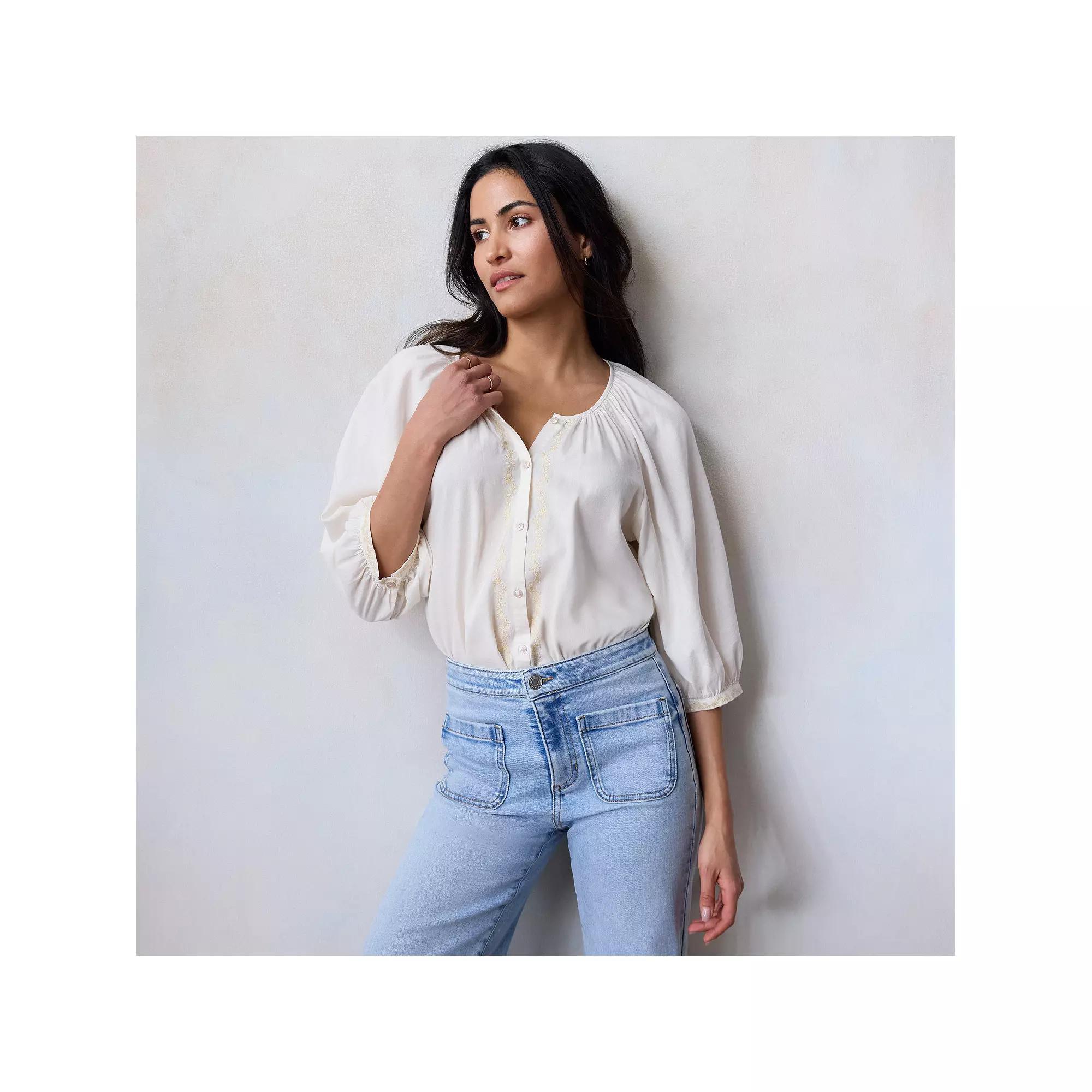 Women's LC Lauren Conrad Raglan Sleeve Button Front Top, Size: Small, Ivory Silk Product Image