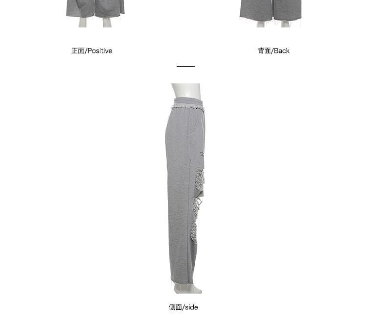 Elastic Waist Plain Distressed Wide Leg Pants Product Image