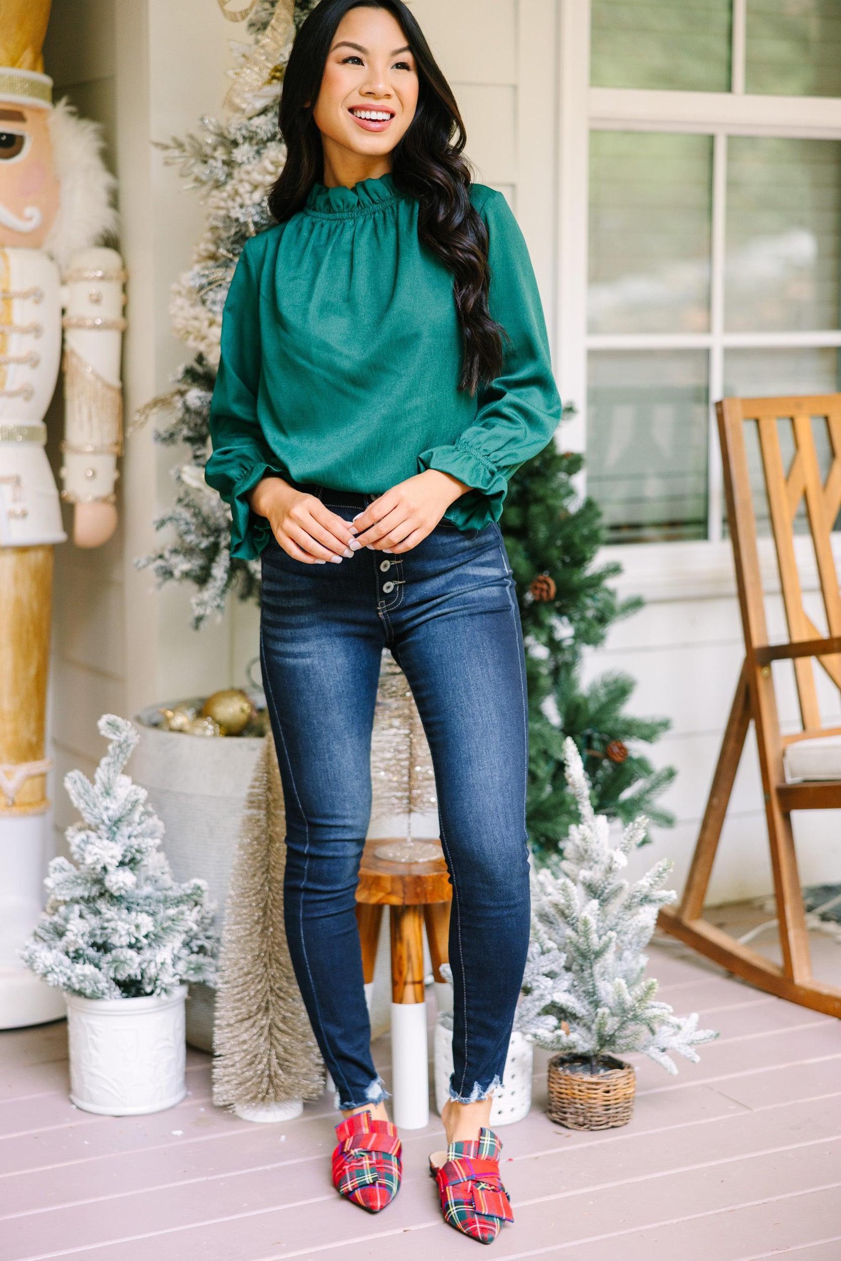 Tried and True Emerald Green Ruffled Blouse Female Product Image