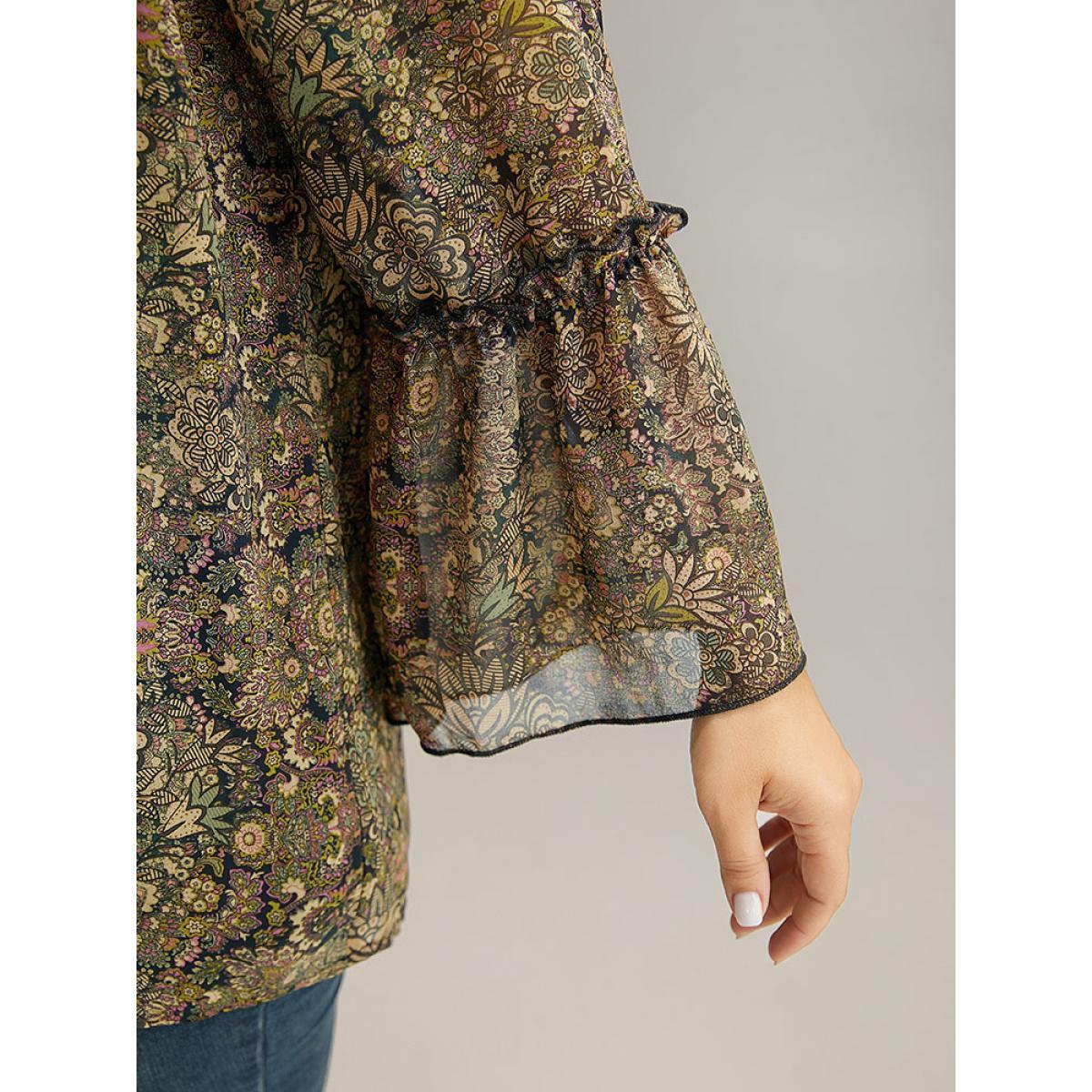Plus Size Bronze Bandana Print Mesh Frill Trim Blouse Women Elegant Long Sleeve Round Neck Vacation Blouses BloomChic 12/L Product Image