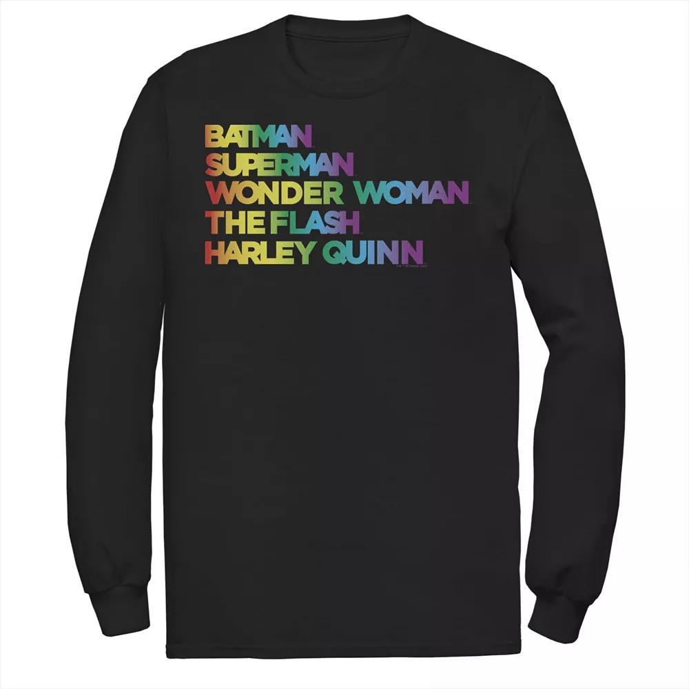 Men's Justice League Member Graidient Rainbow Word Stack Tee, Size: Large, Black Product Image