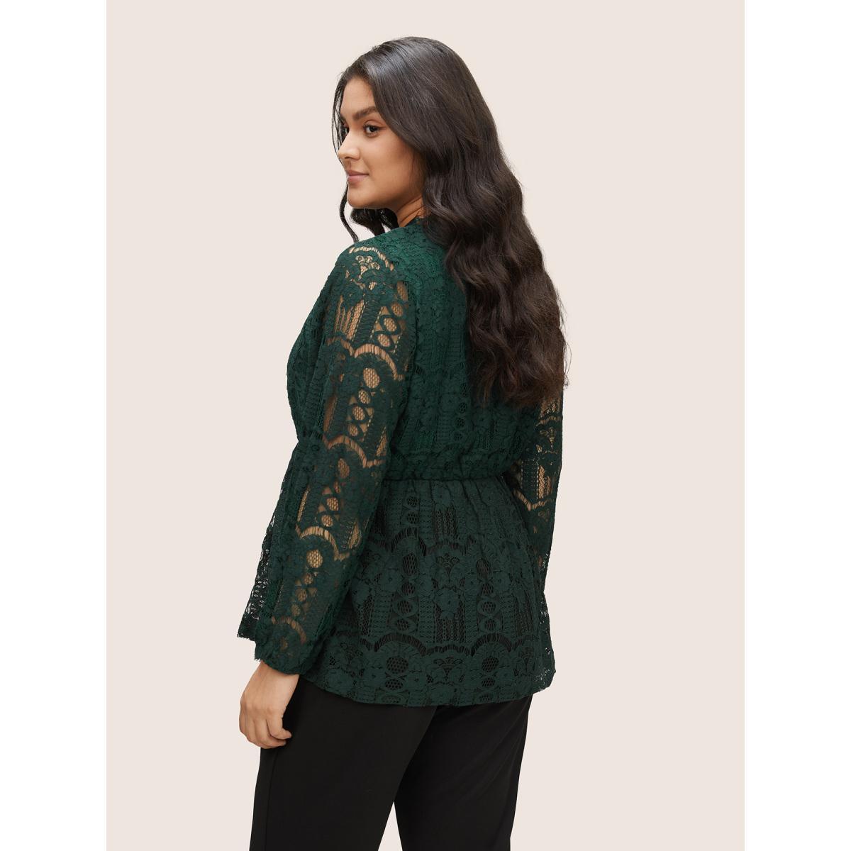 Plus Size DarkGreen Solid Lace Patchwork Elastic Waist Blouse Women Elegant Long Sleeve V-neck Party Blouses BloomChic 14-16/1X Product Image