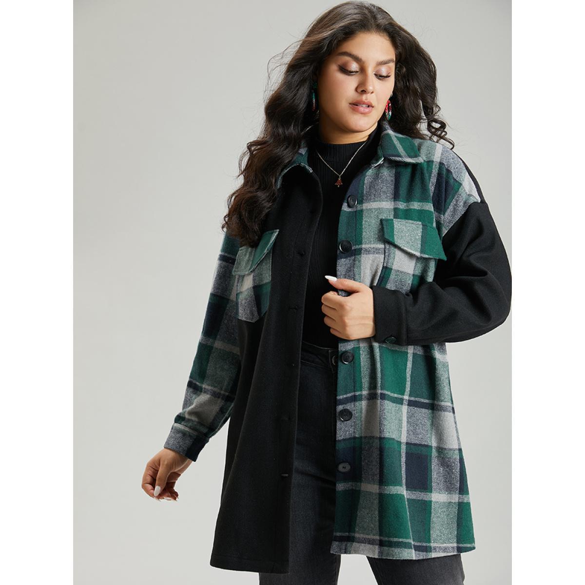 Plus Size Plaid Contrast Patchwork Pocket Button Up Shacket Women Green Contrast Pocket Dailywear Jackets BloomChic 28/5X Product Image