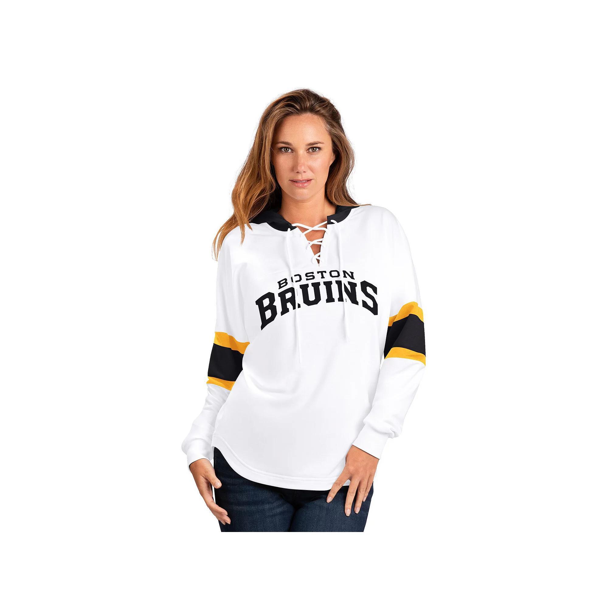 Women's G-III 4Her by Carl Banks  White Boston Bruins Goal Zone Long Sleeve Lace-Up Hoodie T-Shirt, Size: Medium Product Image