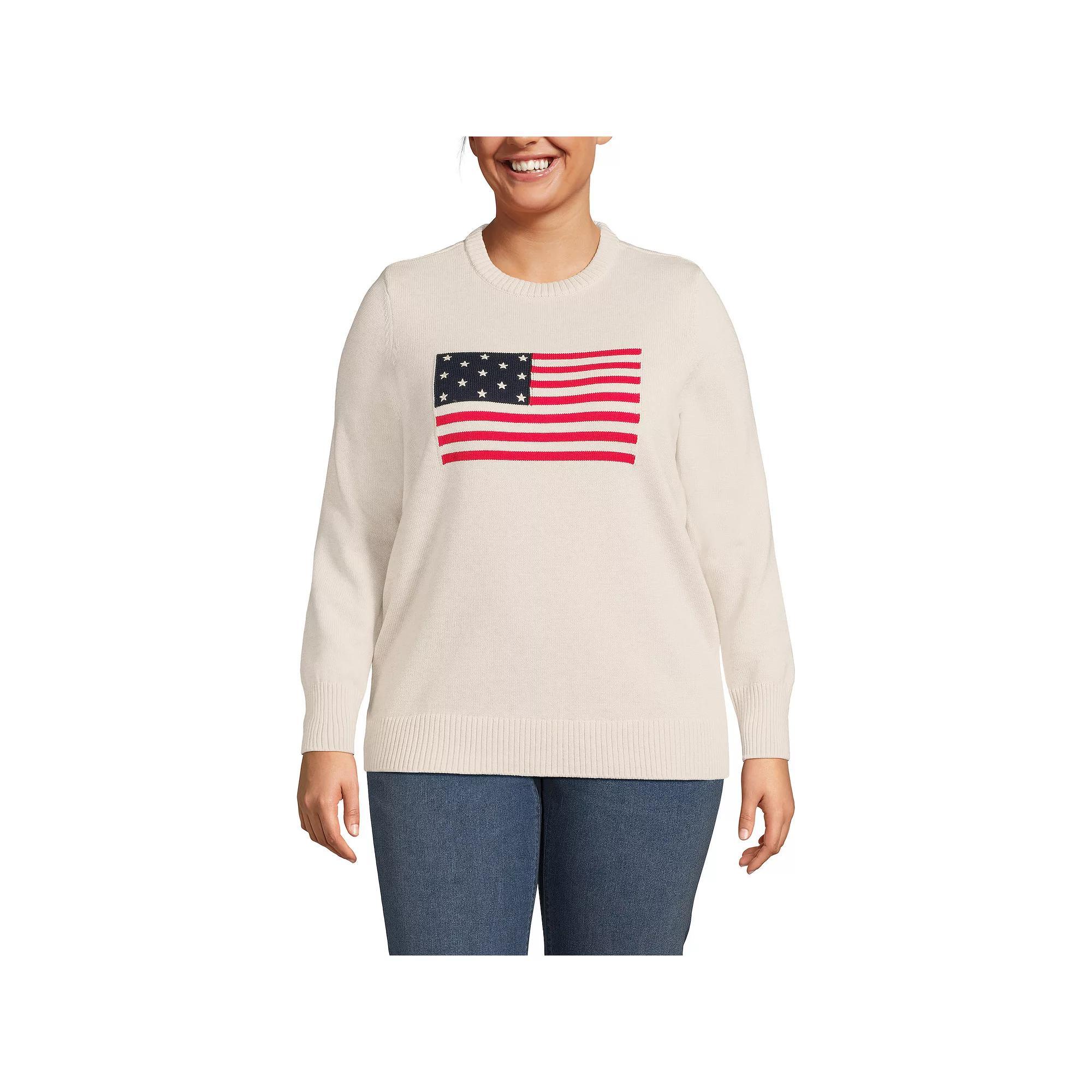 Plus Size Lands End Cotton Drifter Crew Neck Sweater, Womens Oatmeal Grey Flag Product Image