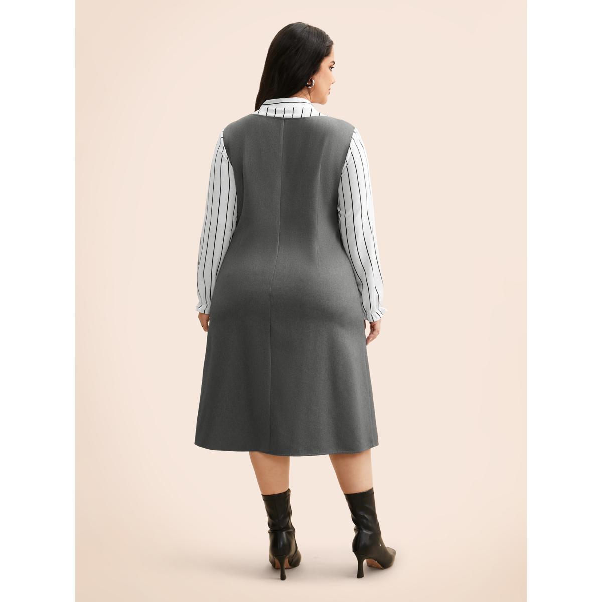Plus Size Striped Patchwork Ribbon Tied Collar Dress DimGray Women At the Office Tie knot Ribbon-tied collar Long Sleeve Curvy BloomChic 14-16/1X Product Image
