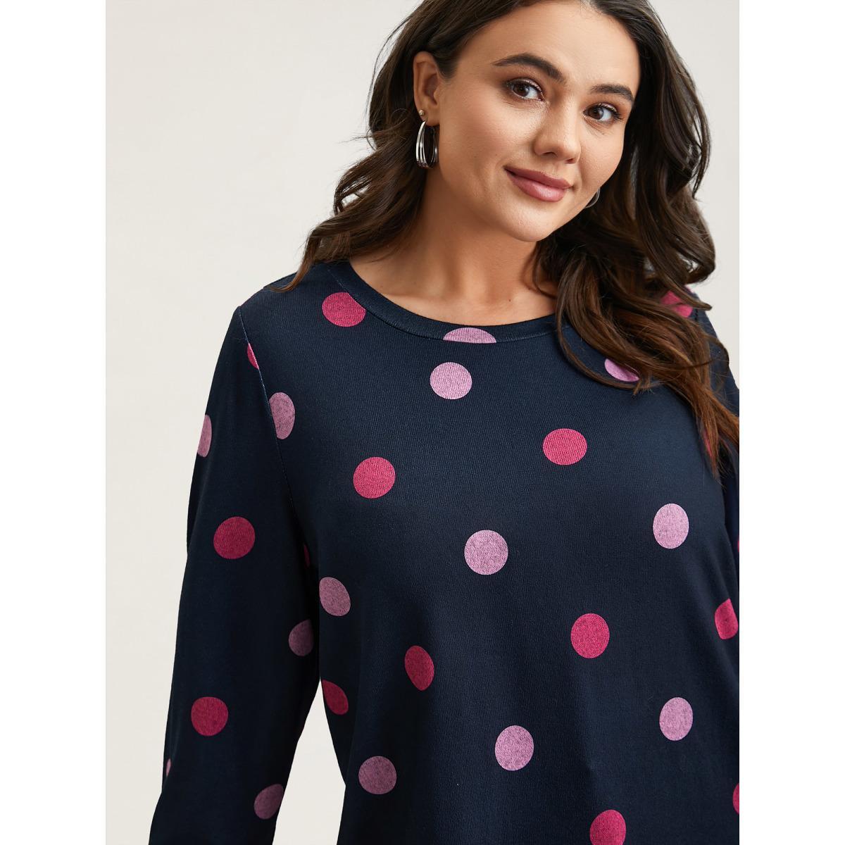 Plus Size Polka Dots Round Neck Fitted Sweatshirt Women Midnight Casual Contrast Round Neck Everyday Sweatshirts BloomChic 18-20/2X Product Image