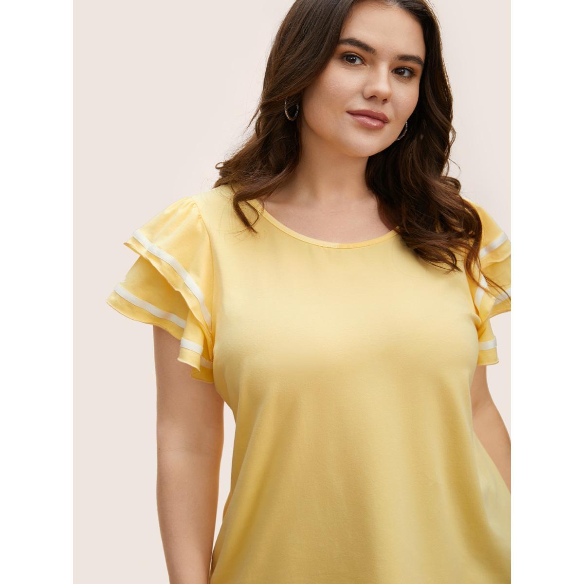 Plus Size Crew Neck Tiered Ruffles Contrast Webbing T-shirt Lightyellow Women Casual Contrast Round Neck Everyday T-shirts BloomChic 18-20/2X Product Image