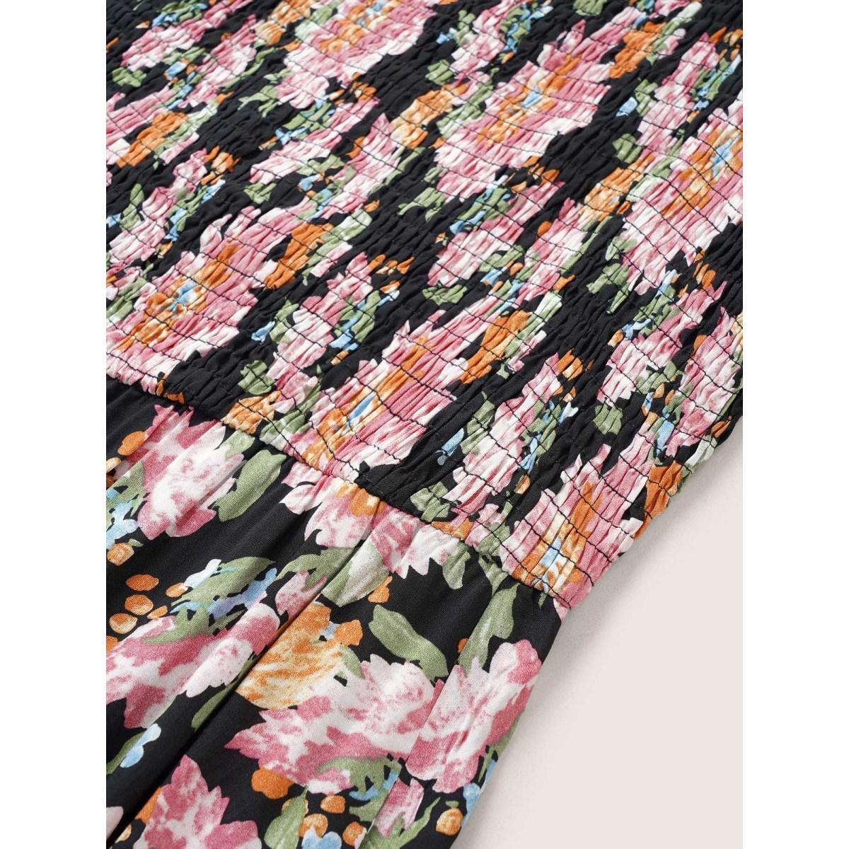 Plus Size Floral Shirred Ruffles Patchwork Pleated Dress Black Women Elegant Non Square Neck Short sleeve Curvy Midi Dress BloomChic 10/M Product Image