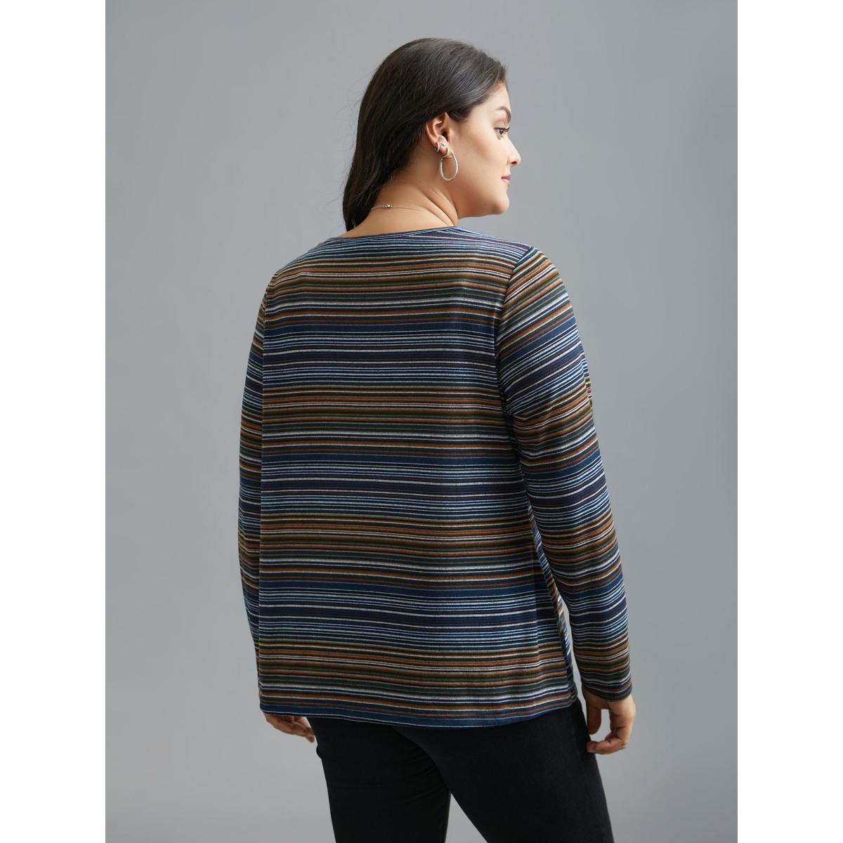 Plus Size V Neck Multi-Color Stripes Slim-Fit T-Shirt Indigo Women Casual Button Asymmetrical Neck Everyday T-shirts BloomChic 12/L Product Image