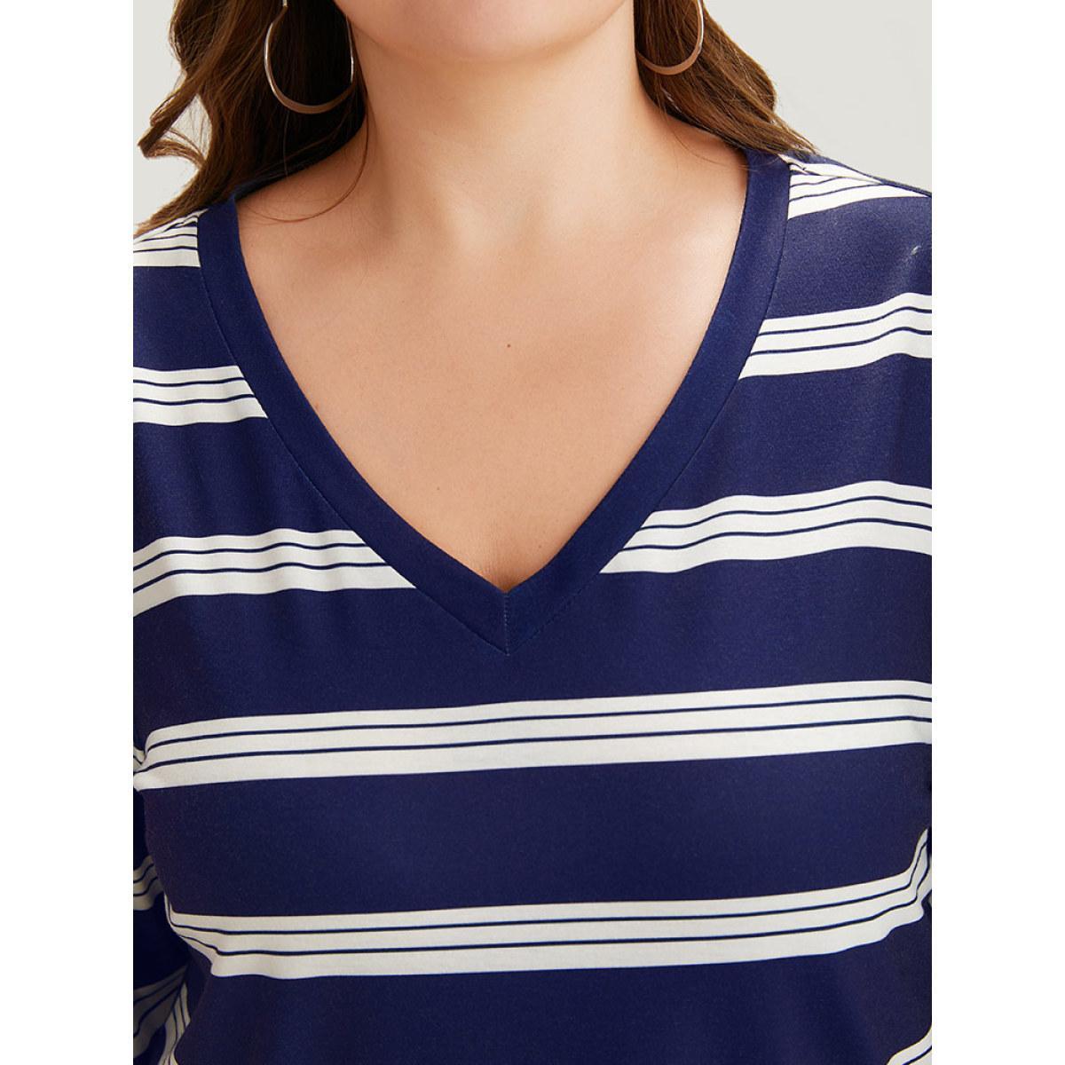 Plus Size Striped Print V Neck T-shirt DarkBlue Women Casual Printed Striped V-neck Dailywear T-shirts BloomChic 18-20/2X Product Image