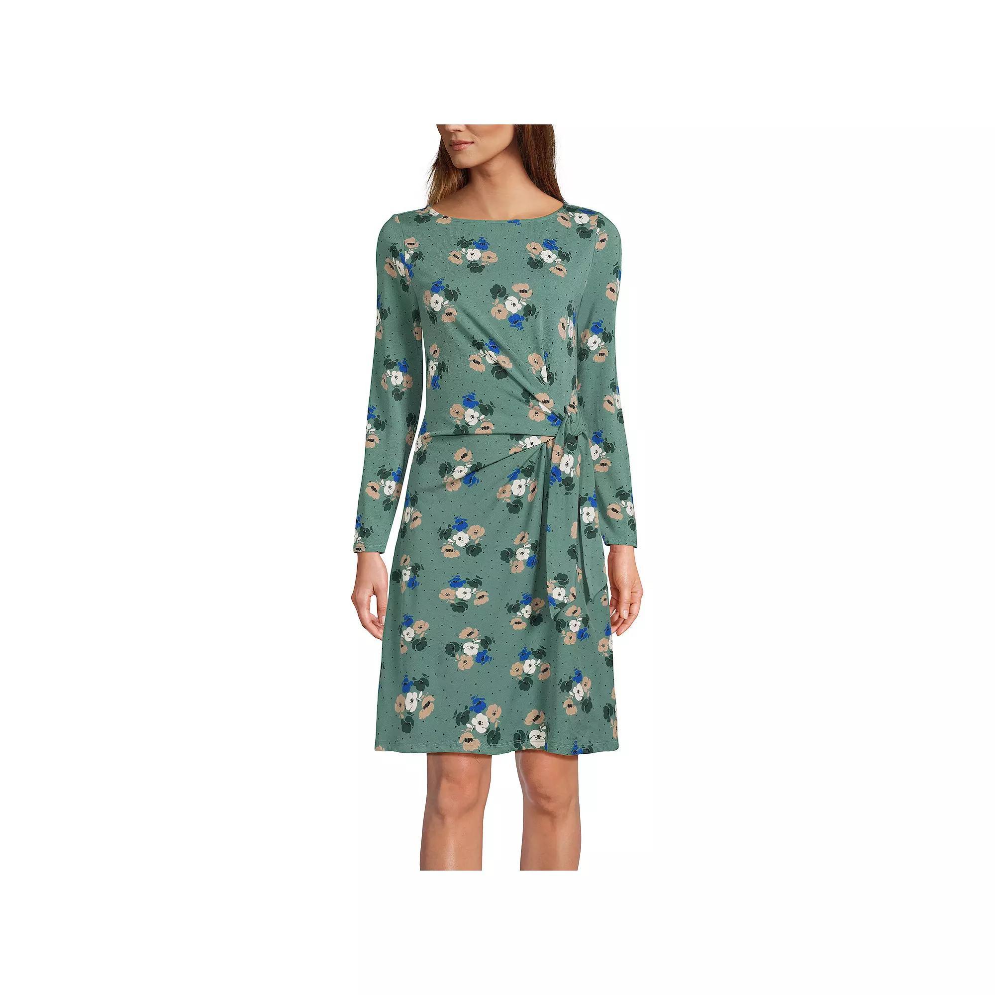 Women's Lands' End Long Sleeve Boatneck Tie-Waist Mini Dress, Size: Medium, Green Dot Floral Product Image