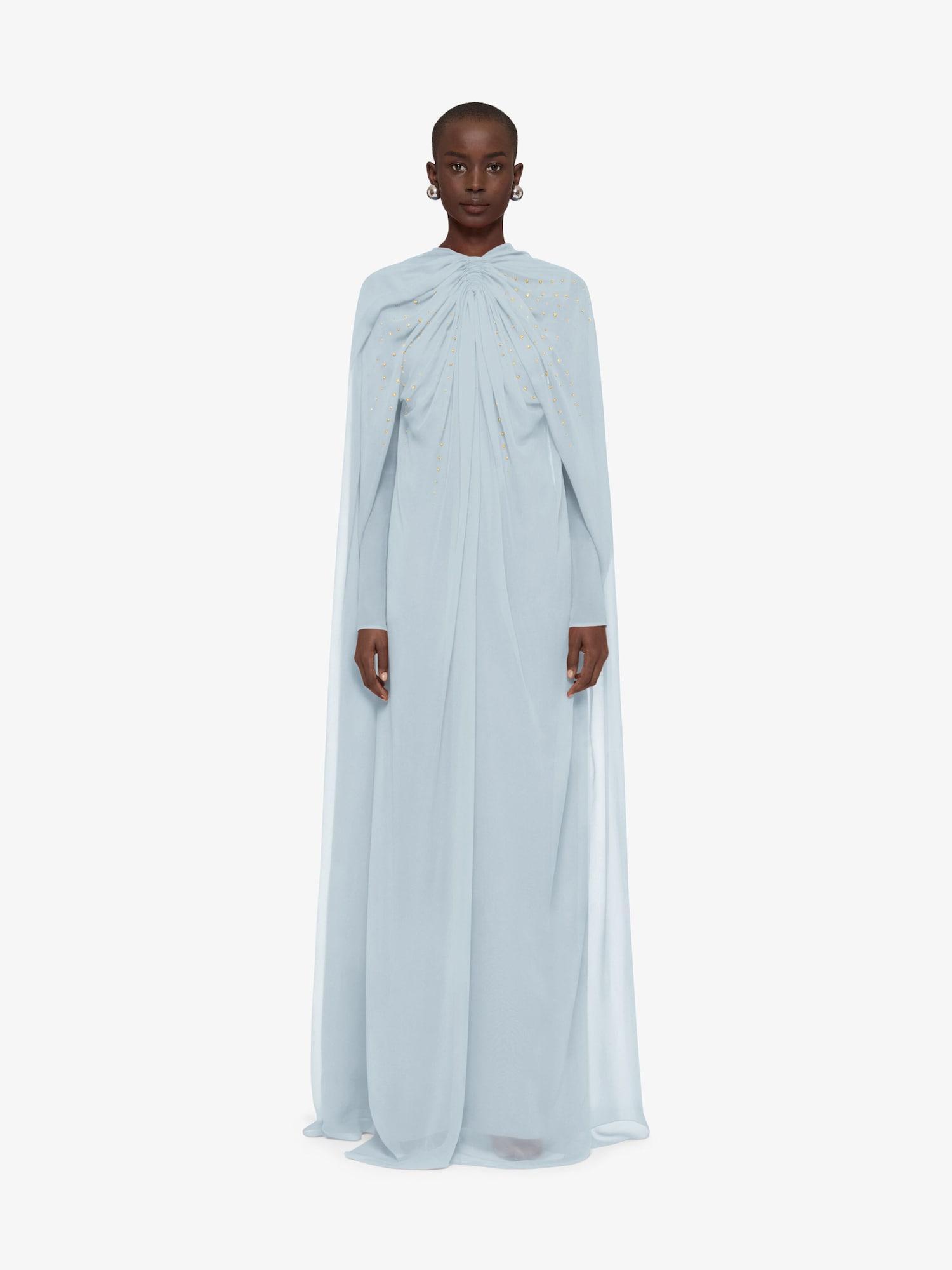 Evening cape dress in silk georgette with pearls Product Image