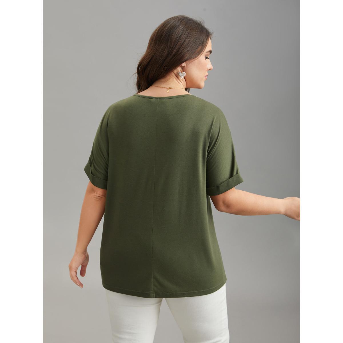 Plus Size Stretchy Embroidered Drop Shoulder T-Shirt ArmyGreen Women Elegant Roll Hem V-neck Everyday T-shirts BloomChic 26/4X Product Image