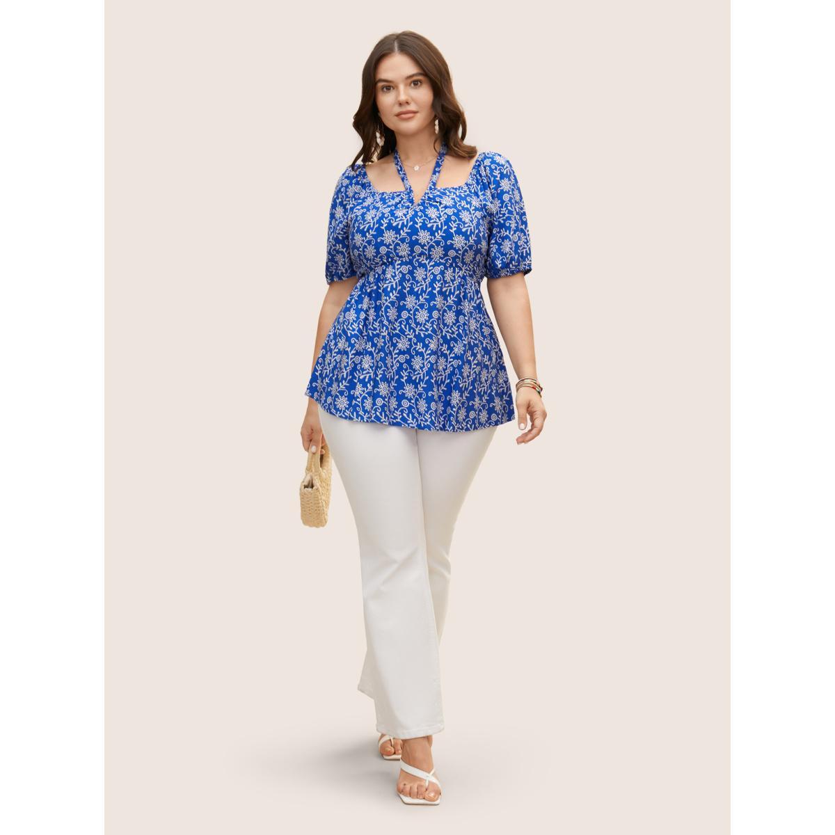 Plus Size Brightblue Bandana Print Notched Collar Lantern Sleeve Blouse Women Resort Short sleeve Notched collar Vacation Blouses BloomChic 14-16/1X Product Image