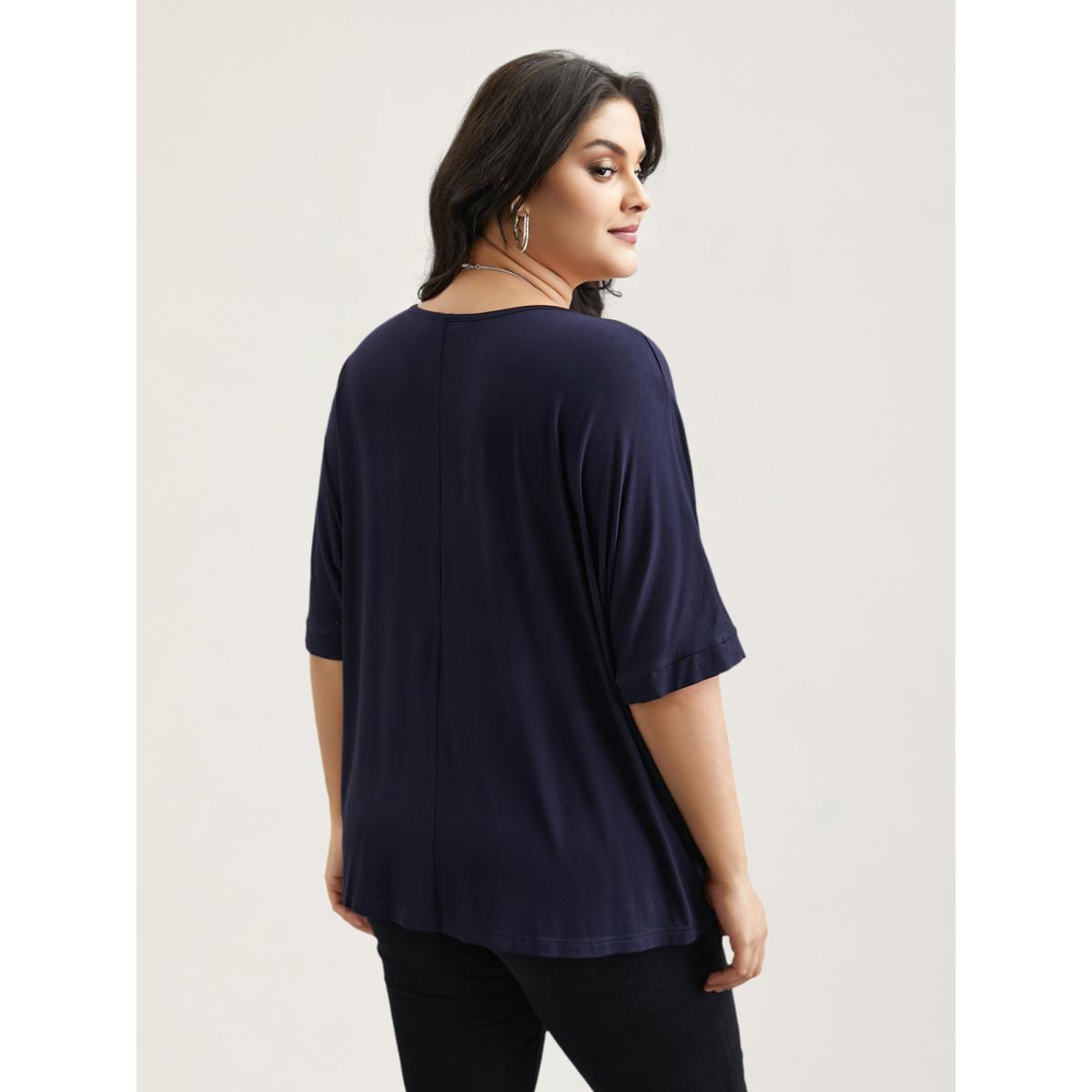 Plus Size Supersoft Round Neck Plain T-Shirt Midnight Women Casual Non Round Neck Everyday T-shirts BloomChic 14-16/1X Product Image