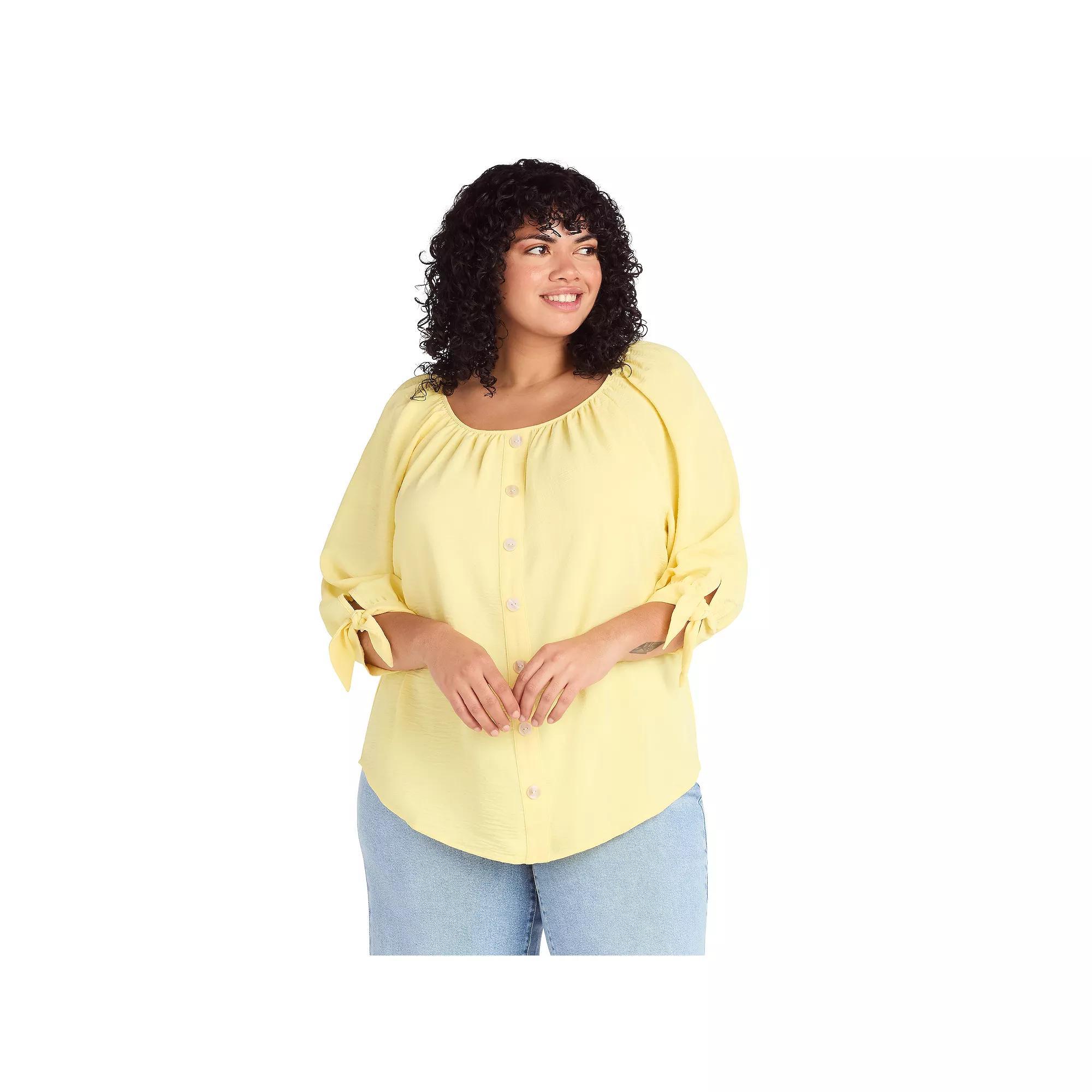 Plus Size AB Studio Button Front Tie Sleeve Top, Women's, Size: 4XL, Yellow Product Image