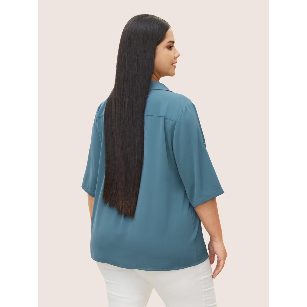 Plus Size Stone Shirt Collar Patched Pocket Tab Sleeve Blouse Women Work From Home Elbow-length sleeve Shirt collar Work Blouses BloomChic 22-24/3X Product Image