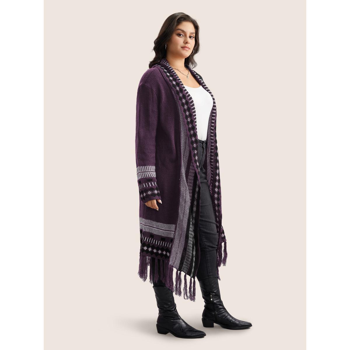 Plus Size Bandana Print Fringe Trim Maxi Cardigan Stone Women Casual Long Sleeve Everyday Cardigans BloomChic 14-16/1X Product Image