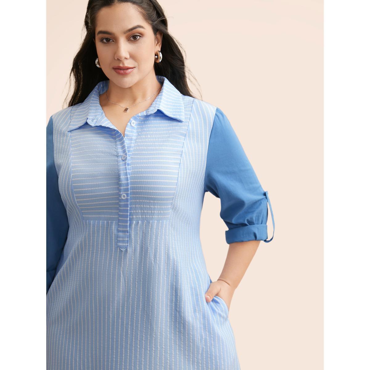 Plus Size Striped Patchwork Contrast Tab Sleeve Dress Skyblue Women Work From Home Patchwork Shirt collar Long Sleeve Curvy BloomChic 10/M Product Image