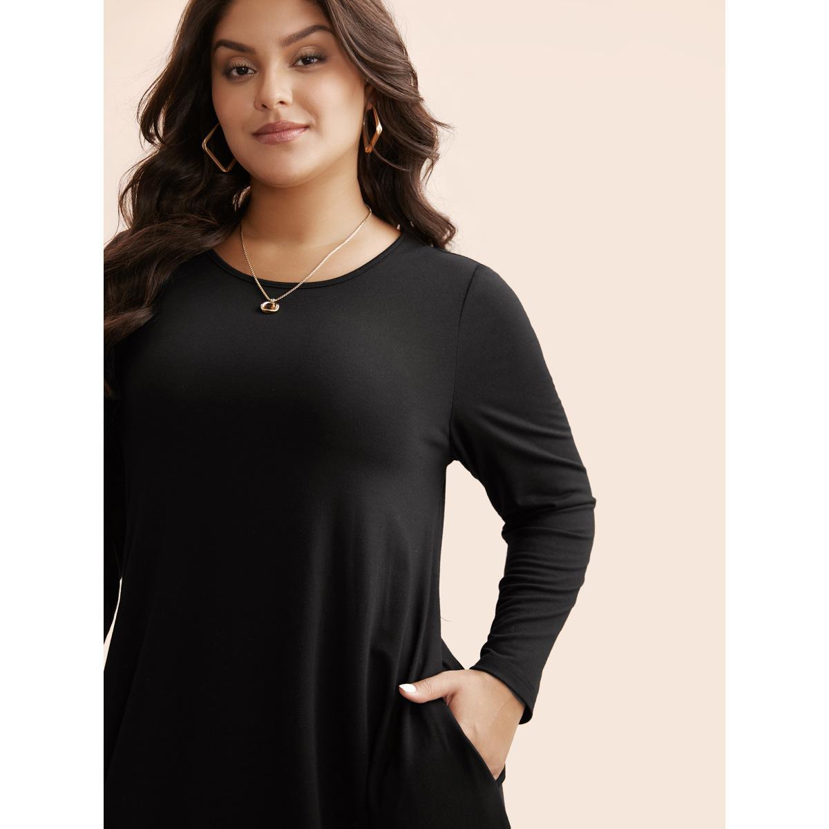 Plus Size Crew Neck High Stretchy Knit Dress Black Women Casual Non Knit Dresses Bloomchic 28/5X Product Image