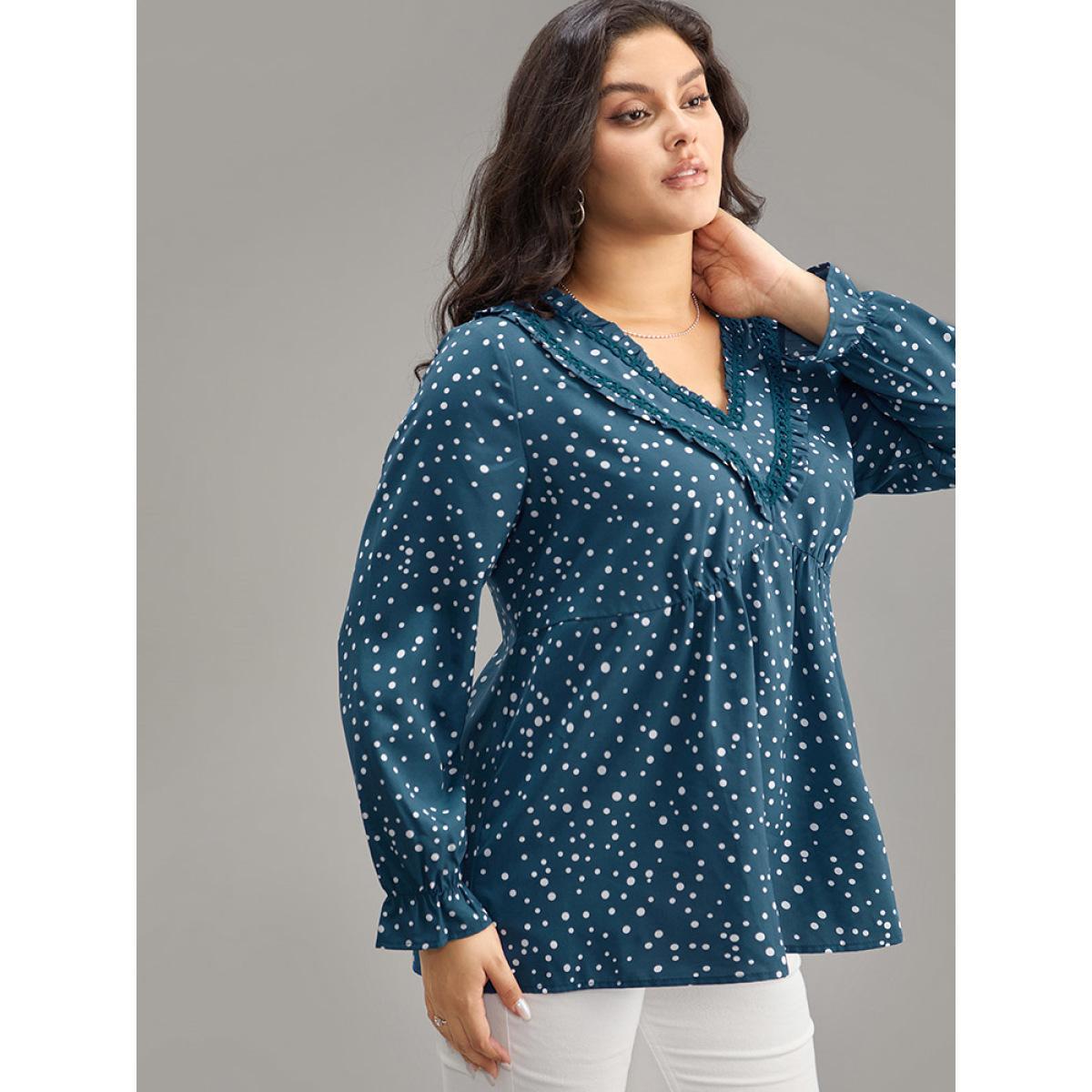 Plus Size Aegean Guipure Lace Polka Dot Blouse Women Elegant Long Sleeve V-neck Dailywear Blouses BloomChic 28/5X Product Image