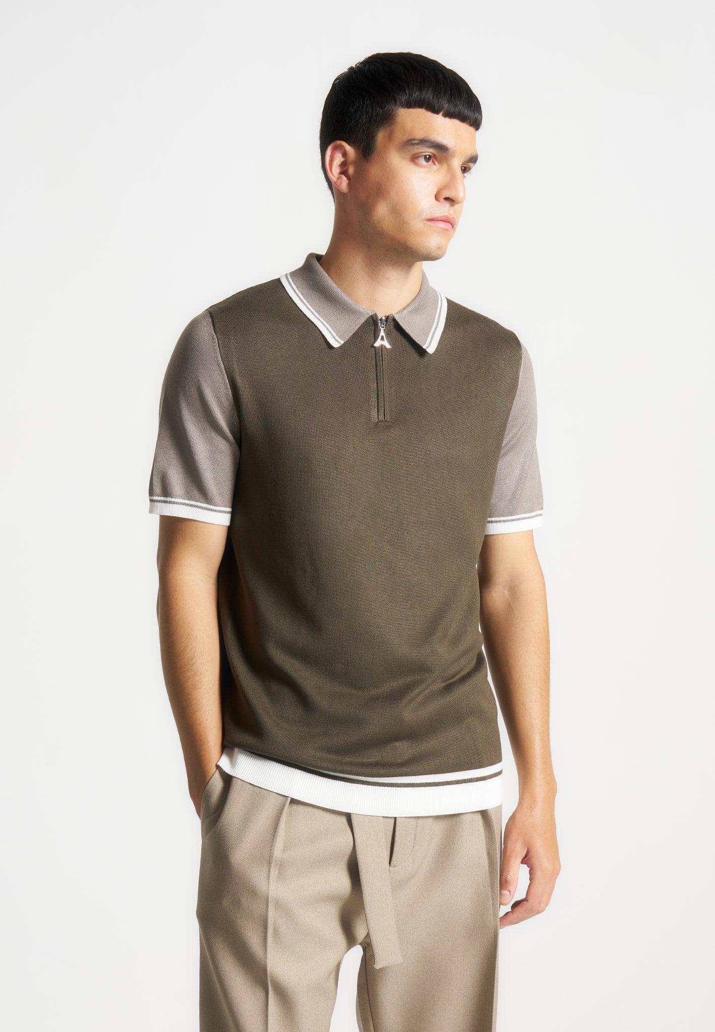 Colour Block Zip Polo Shirt - Khaki Male Product Image