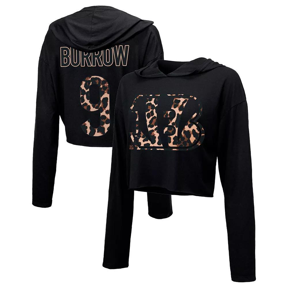 Womens Majestic Threads Joe Burrow Cincinnati Bengals Leopard Player Name & Number Long Sleeve Cropped Hoodie Product Image