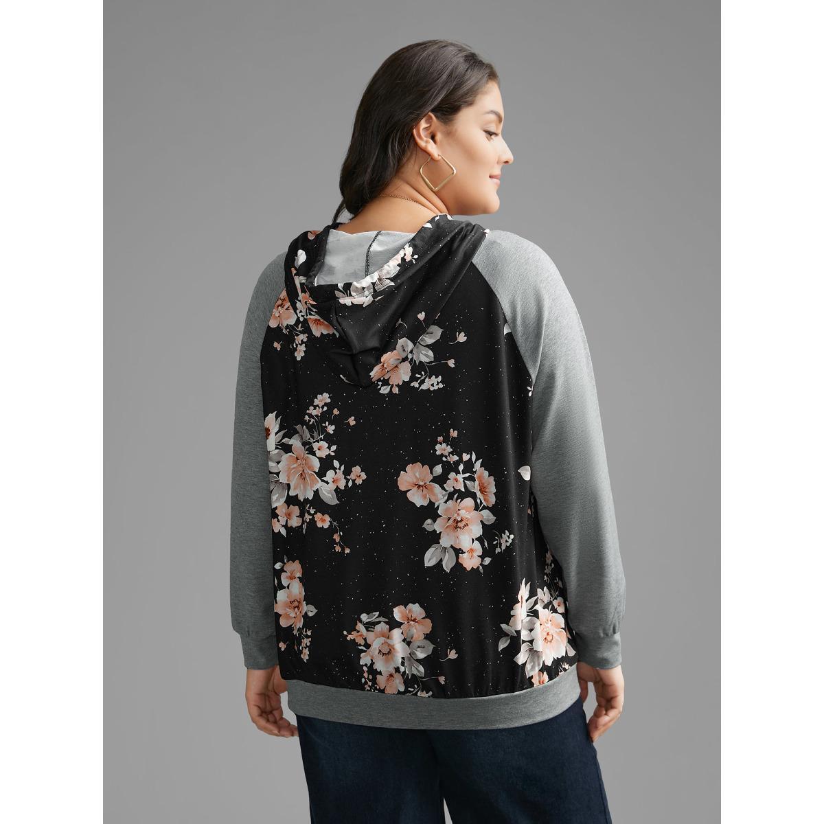 Plus Size Floral Patchwork Hooded Drawstring Sweatshirt Women DarkGray Casual Contrast Hooded Everyday Sweatshirts BloomChic 30/6X Product Image