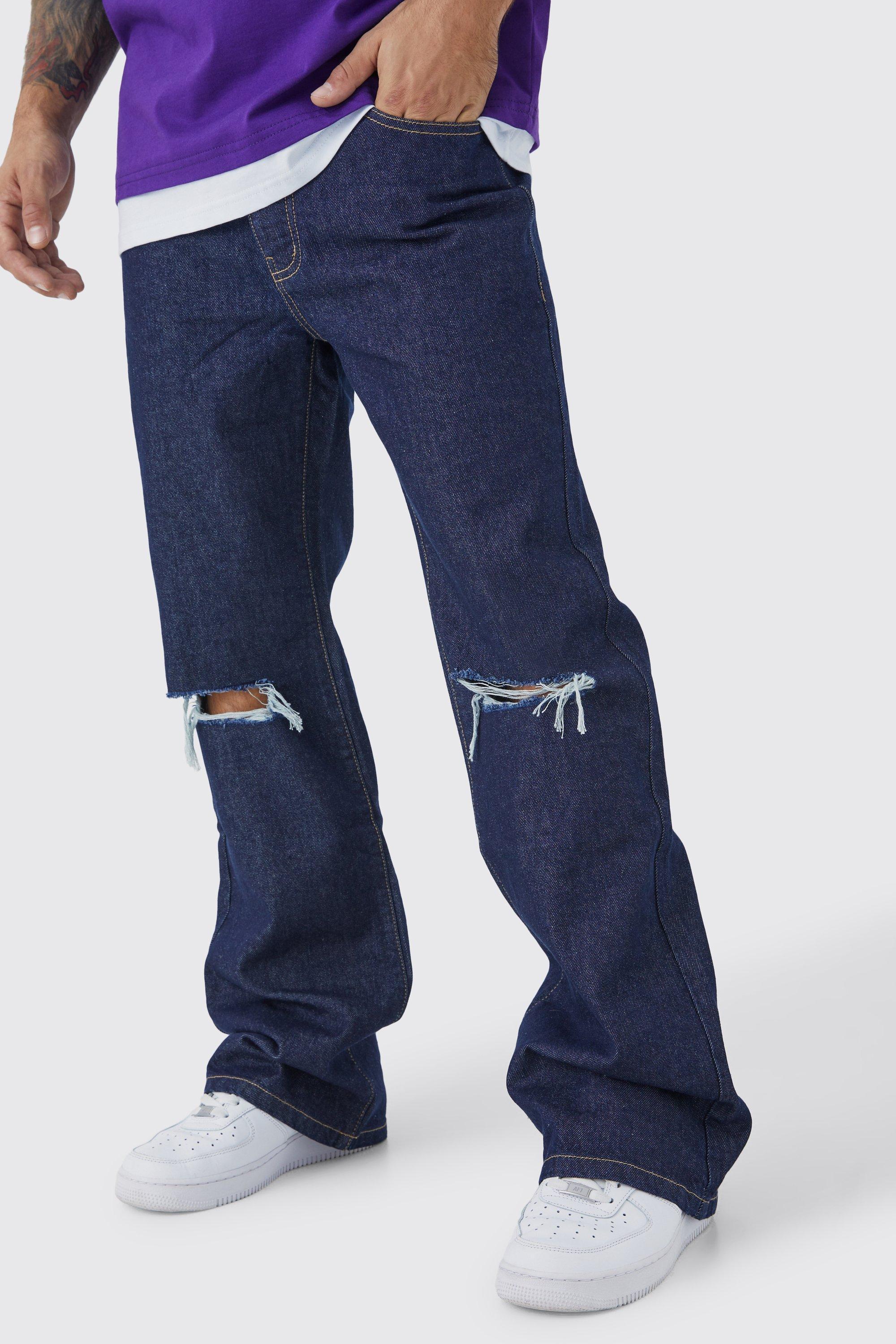 Mens Relaxed Rigid Flare Jean With Knee Rips - Blue Product Image