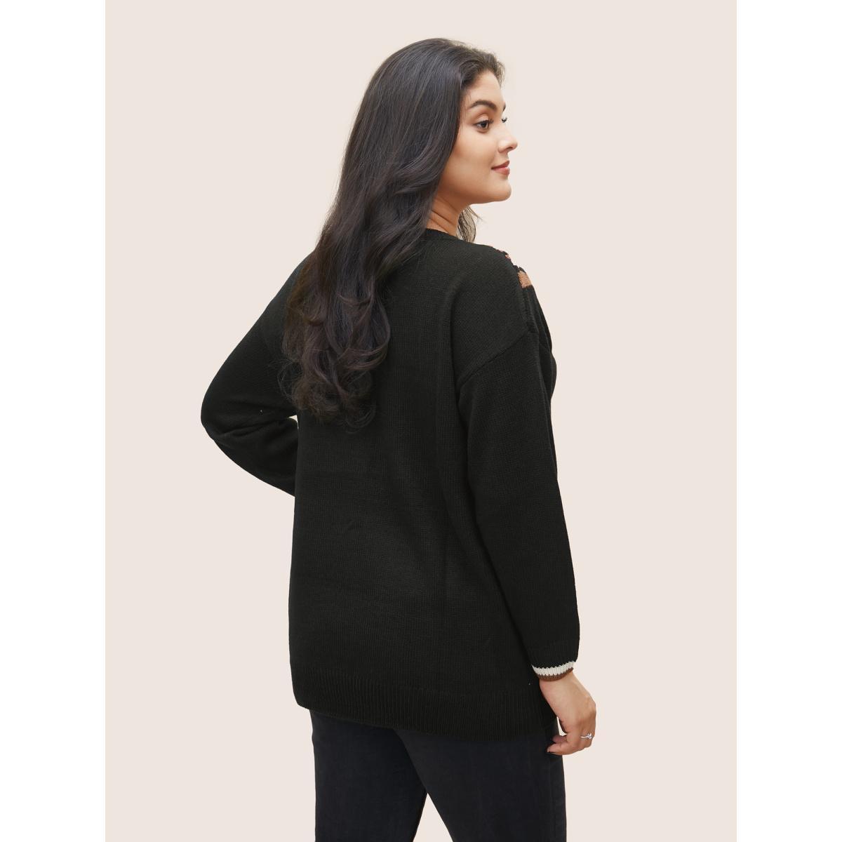 Plus Size V Contrast Striped Patchwork Knit Pullover Black Women Casual Loose Long Sleeve V-neck Dailywear Pullovers BloomChic 10/M Product Image