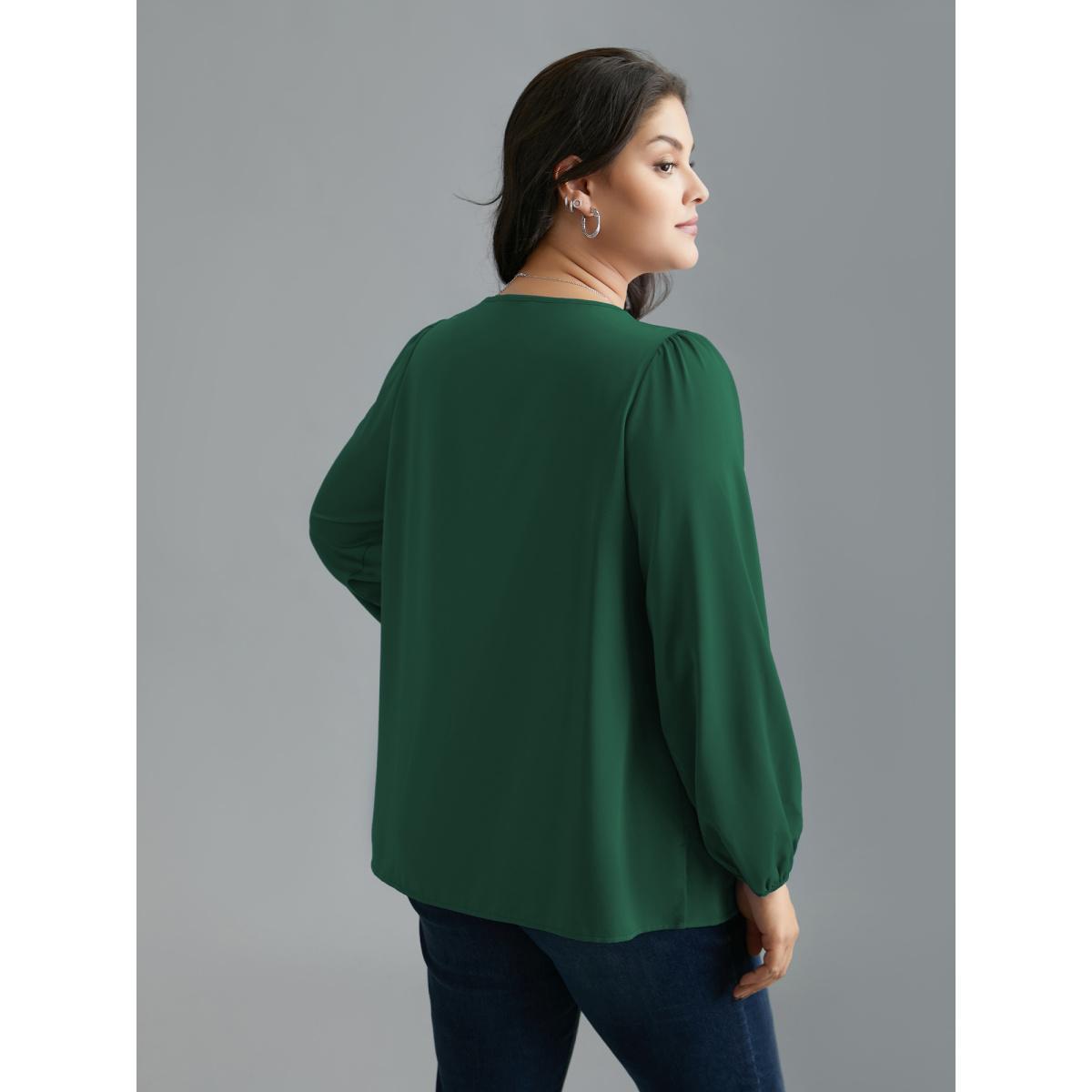 Plus Size DarkGreen Criss Cross Neckline Puff Sleeve Gathered Blouse Women Elegant Long Sleeve Asymmetrical Neck Everyday Blouses BloomChic 10/M Product Image