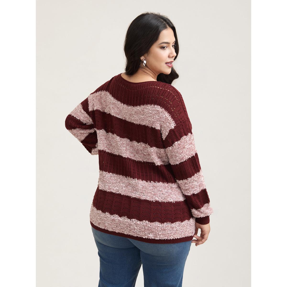 Plus Size Striped Color-Block Textured Pullover Deepred Women Casual Loose Long Sleeve Round Neck Everyday Pullovers BloomChic 18-20/2X Product Image