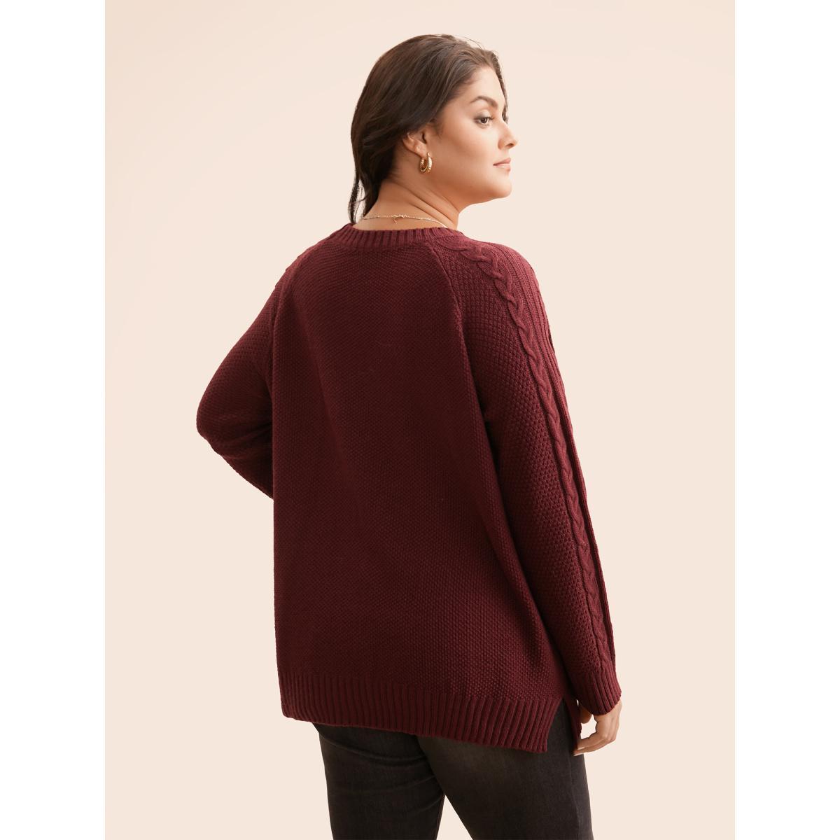 Plus Size Texture Cable Knit Raglan Sleeve Pullover Scarlet Women Casual Loose Long Sleeve Round Neck Everyday Pullovers BloomChic 30/6X Product Image