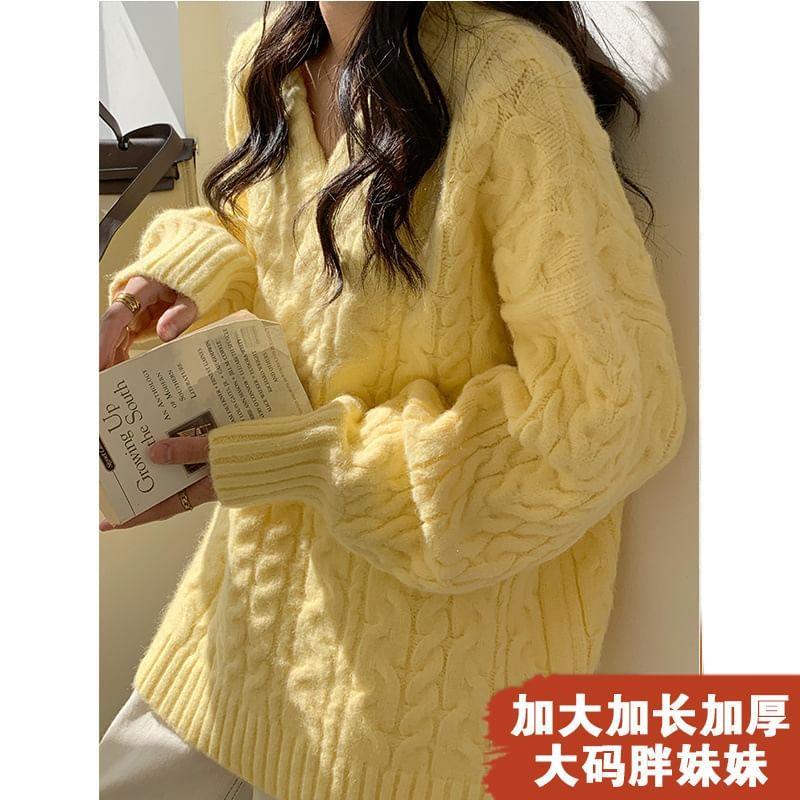 Long-Sleeve V-Neck Plain Cable Knit Sweater Product Image