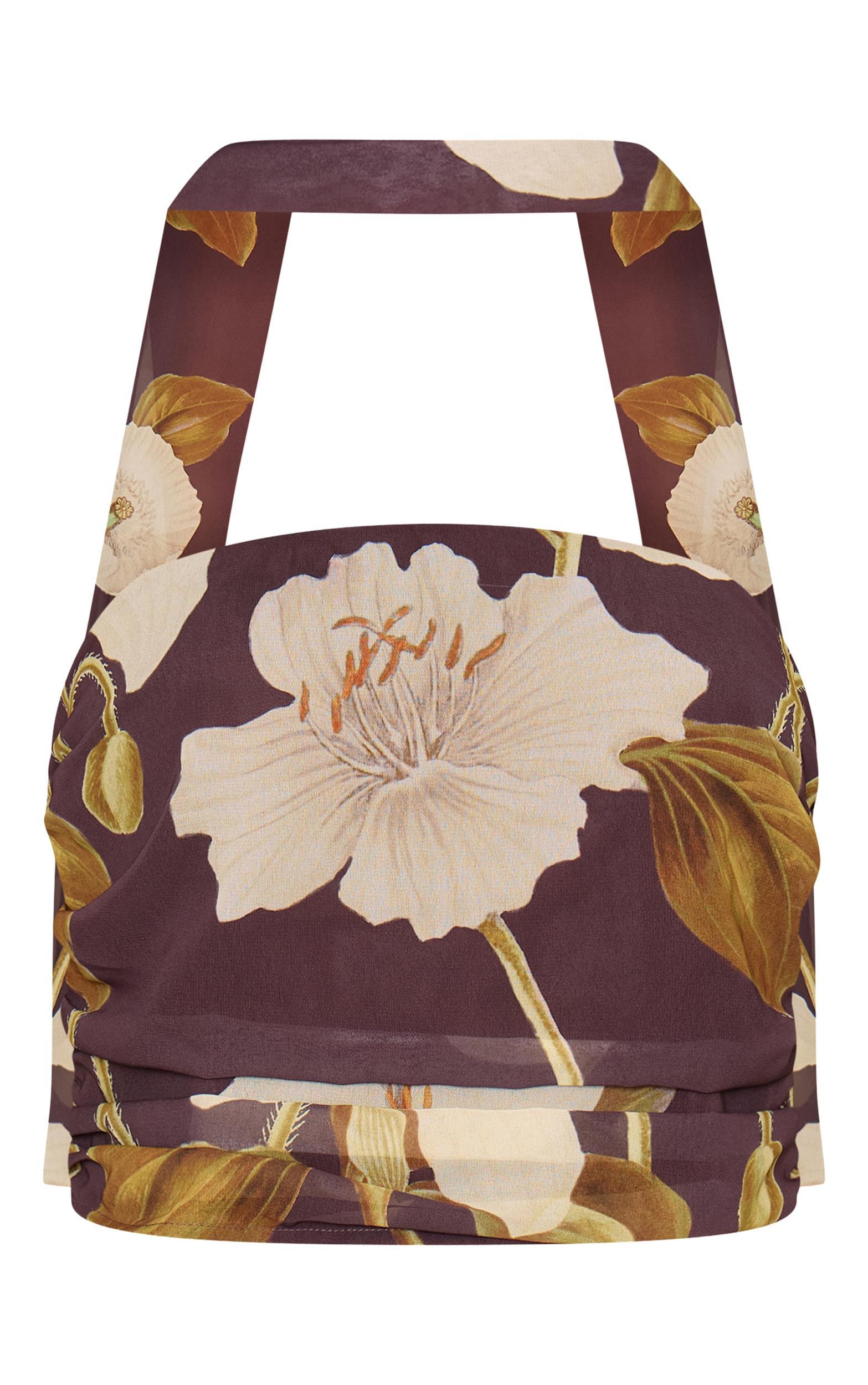 Dark Chocolate Floral Printed Chiffon Scarf Detail Ruched Bandeau Top Product Image