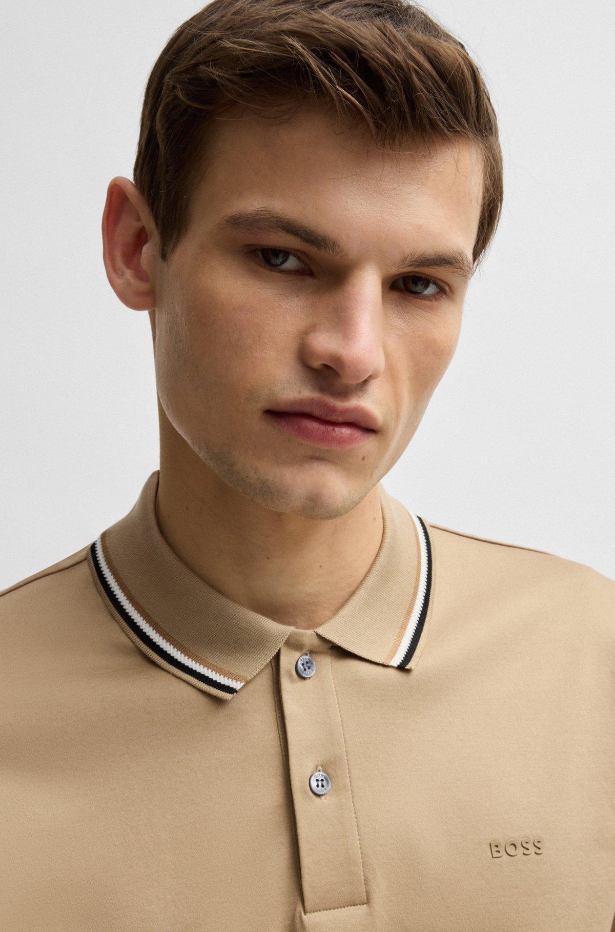Slim-fit polo shirt in cotton with striped collar Product Image