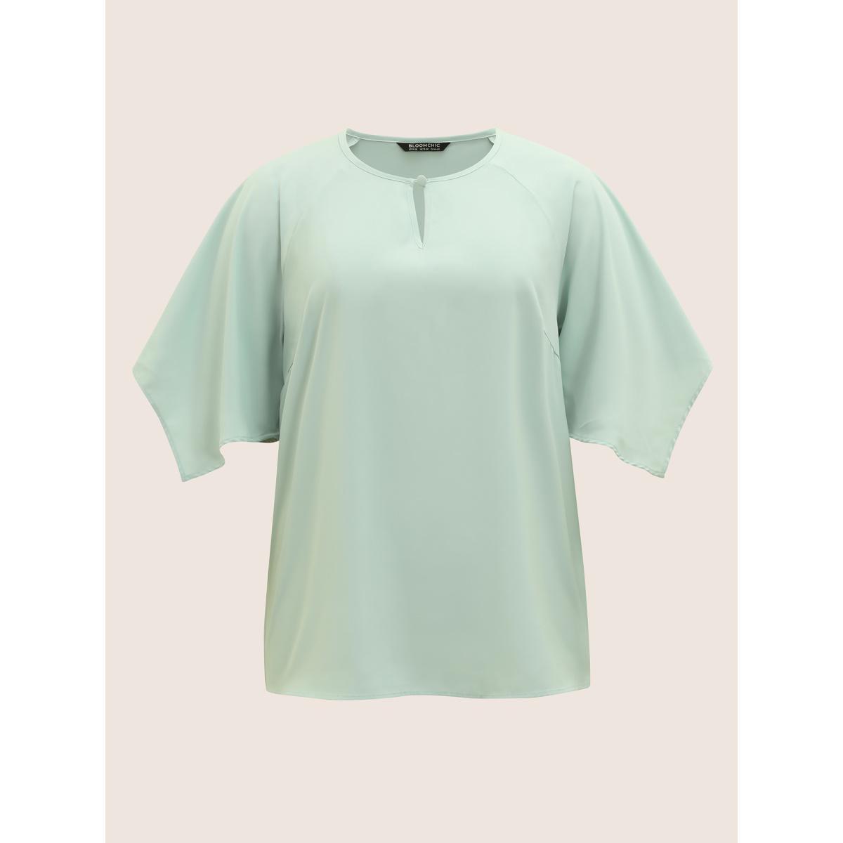 Plus Size Mint Solid Raglan Sleeve Keyhole Button Up Blouse Women Work From Home Elbow-length sleeve Notched collar Work Blouses BloomChic 26/4X Product Image