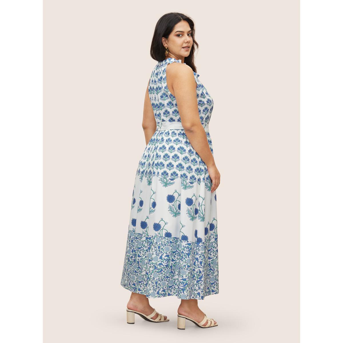 Plus Size Boho Print Notched Collar Tassel Sleeveless Dress Blue Women Resort Tie knot Notched collar Sleeveless Curvy Midi Dress BloomChic 10/M Product Image