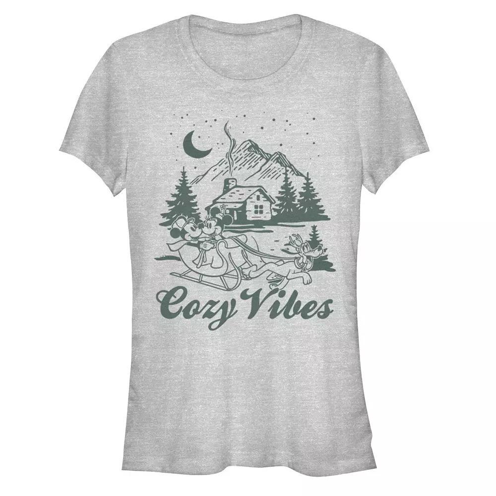 Disneys Mickey and Minnie Mouse Juniors Cozy Vibes Graphic Tee, Womens Athletic Grey Product Image