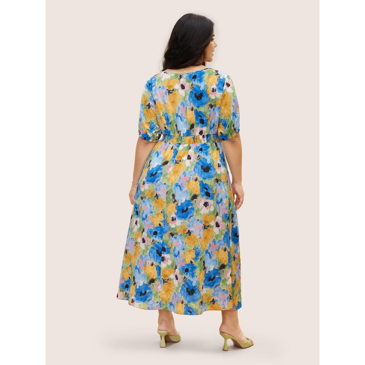 Plus Size Watercolor Floral Lantern Sleeve Maxi Dress Skyblue Women Elegant Gathered V-neck Short sleeve Curvy BloomChic 22-24/3X Product Image