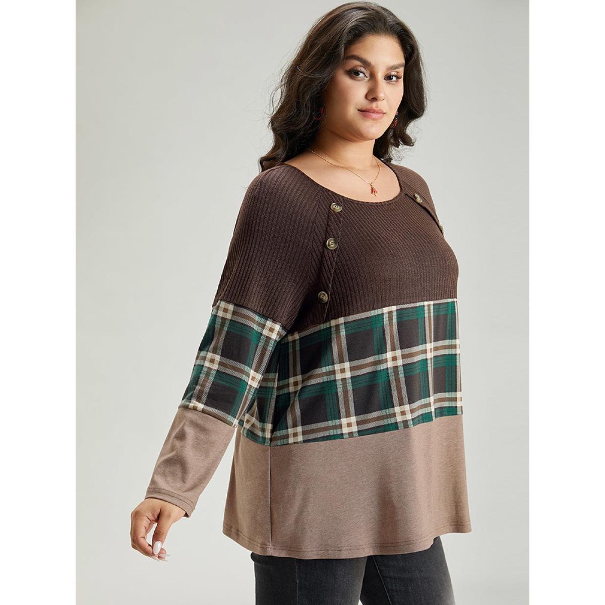 Plus Size Colorblock Plaid Patchwork Button Detail T-shirt DarkBrown Women Casual Contrast Plaid Round Neck Festival-Christmas T-shirts BloomChic 26/4X Product Image