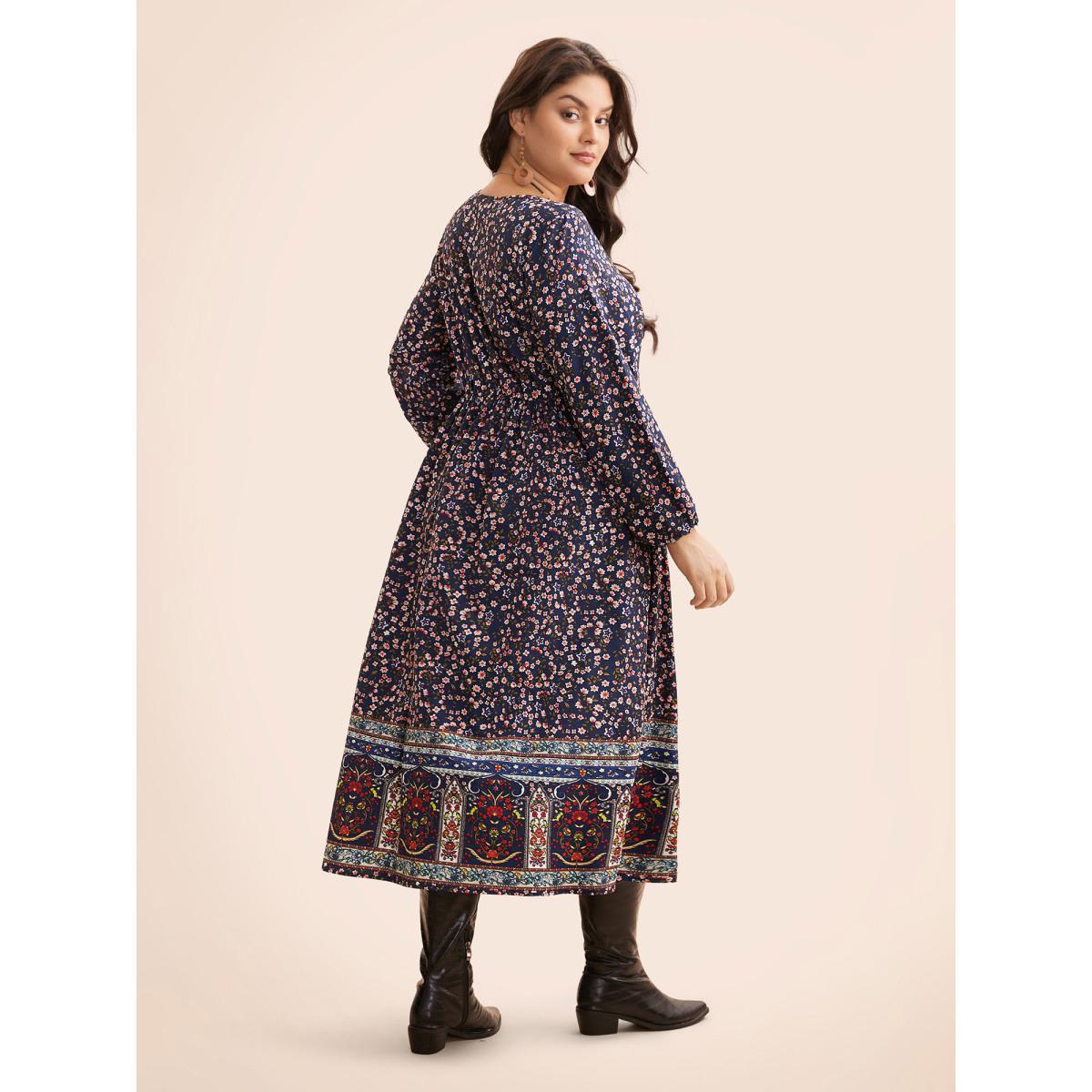 Plus Size Boho Print Lantern Sleeve Midi Dress DarkBlue Women Resort Non V-neck Long Sleeve Curvy BloomChic 30/6X Product Image
