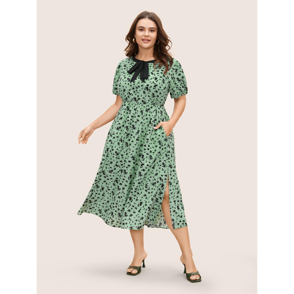 Plus Size Floral A-line Midi Dress Palemauve Women Elegant Tie knot Round Neck Short sleeve Curvy BloomChic 14-16/1X Product Image
