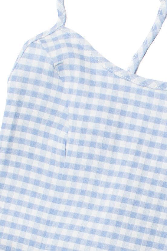 Blue Gingham Lace Up Back Mini Dress Product Image