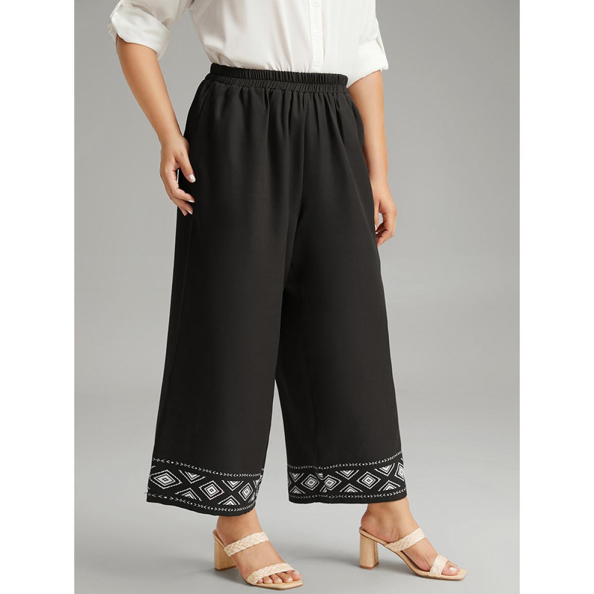 Plus Size Boho Print Elastic Waist Straight Leg Pants Women Black Vacation Straight Leg High Rise Dailywear Pants BloomChic 10/M Product Image