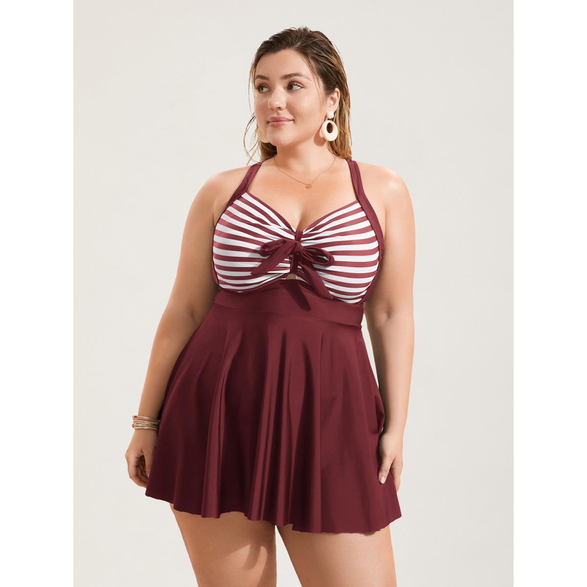 Plus Size Stripes Patchwork Tie Knot Cross Straps Swim Dress Women's Swimwear ArmyGreen Beach Bodycon Heart neckline High stretch Curve Swim Dresses BloomChic 14-16/1X Product Image