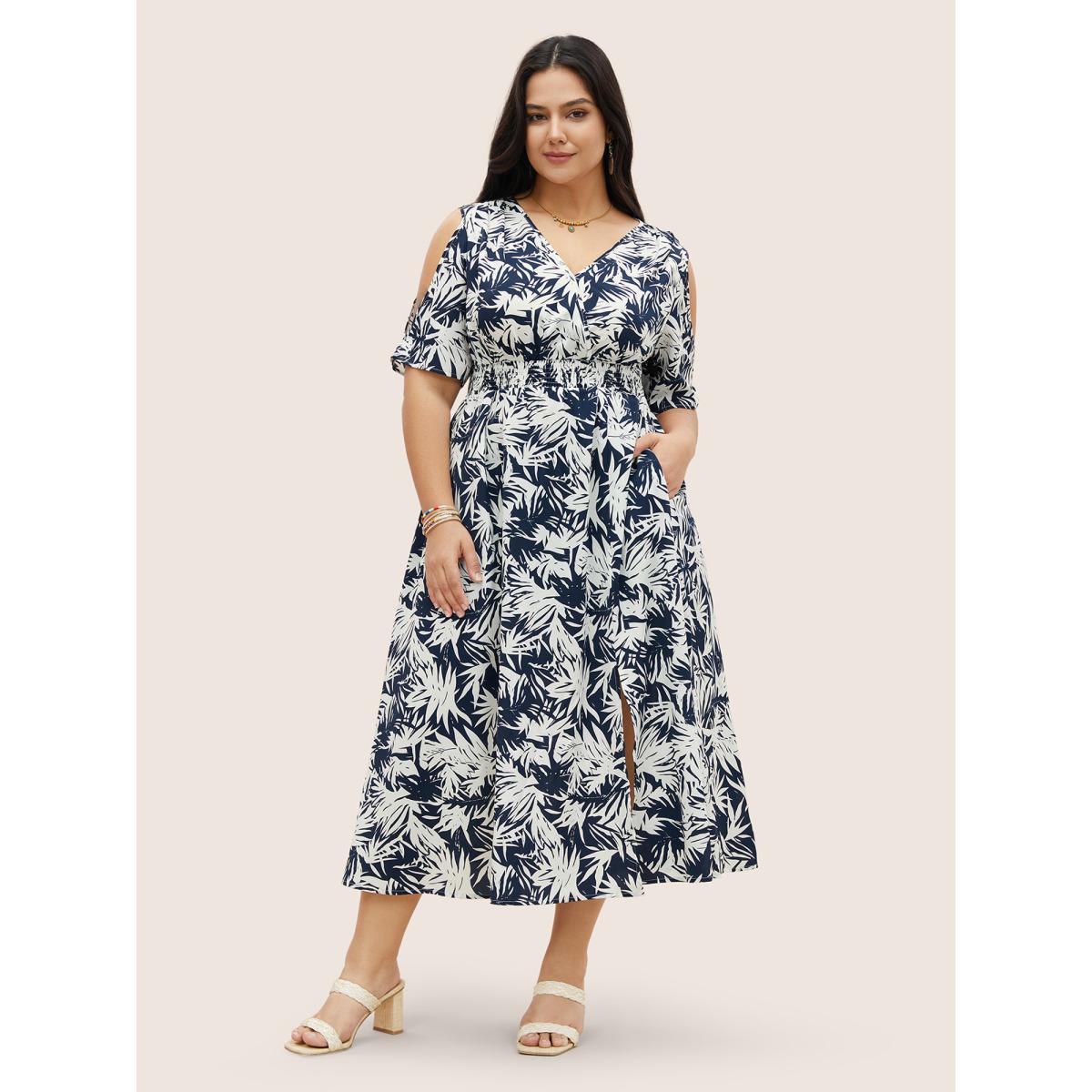 Plus Size Tropical Print Overlap Collar Shirred Cut Out Dress DarkBlue Women Resort Overlapping Overlap Collar Short sleeve Curvy Midi Dress BloomChic 12/L Product Image
